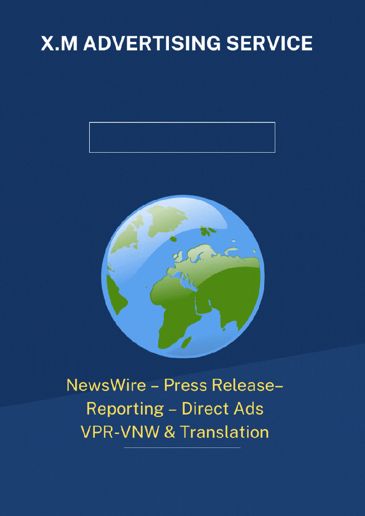 X.M Advertising Service promotional graphic featuring a globe and services like NewsWire, Press Release, Reporting, Direct Ads, VPR-VNW and Translation.