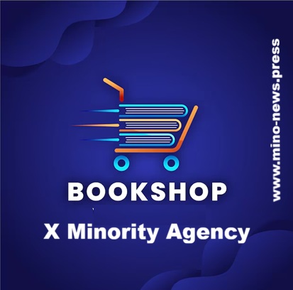 Logo featuring a shopping cart with books and the text 'BOOKSHOP X Minority Agency' on a blue background.